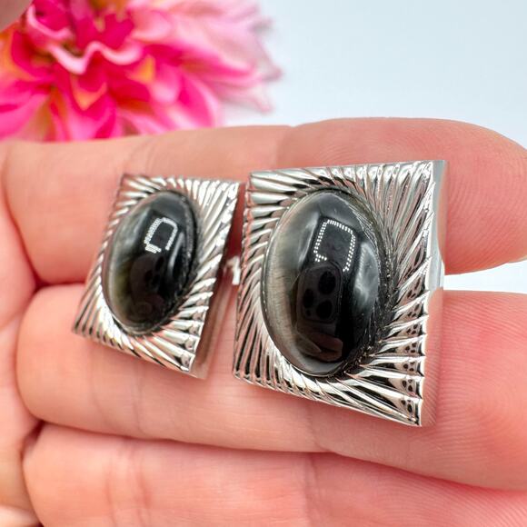 Vintage Swank Gray Tiger’s Eye Cufflink Tie Bar Set Silver Tone Dapper Formal - Picture 13 of 16